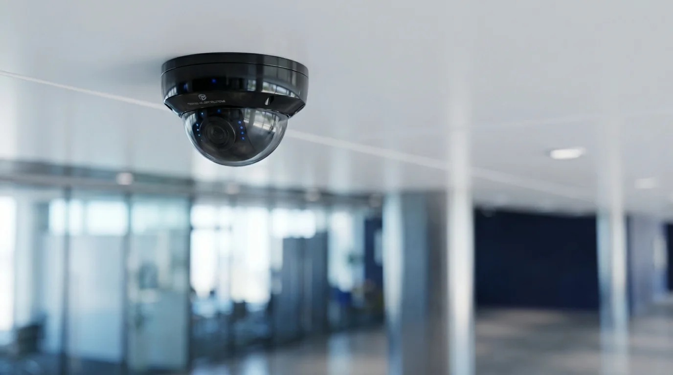 モダンなドーム型セキュリティカメラがオフィスの天井に設置されている様子