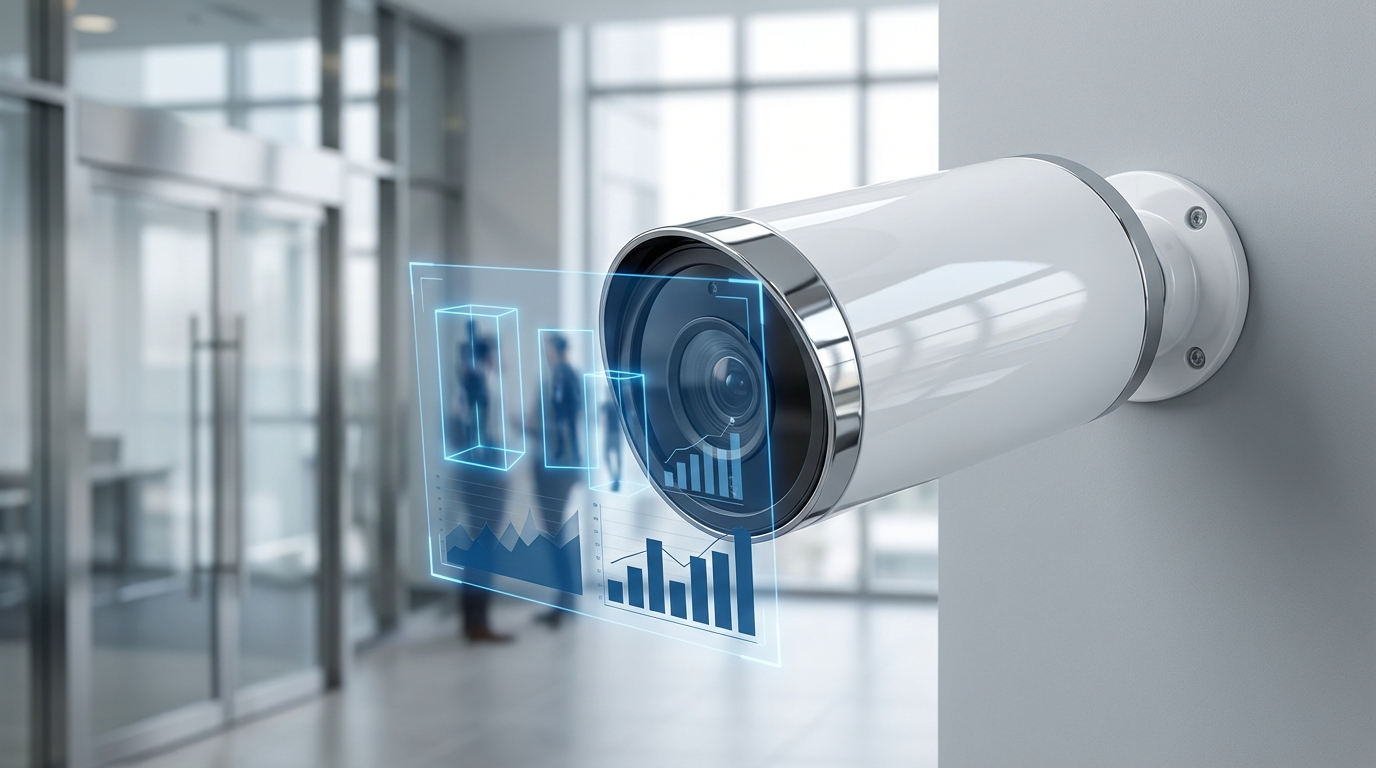 AIセキュリティカメラがオフィスに設置され、ホログラフィックなAI解析インターフェースを表示している様子
